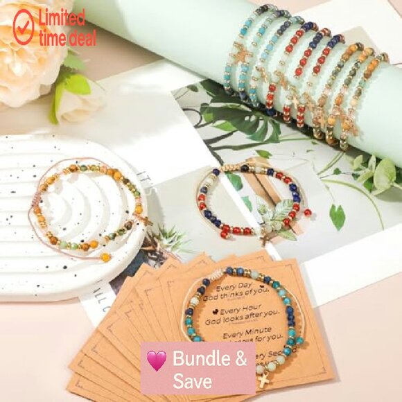 12 Pack Natural Stone Cross Stretch Bracelets, Christian Gifts for Women - Picture 8 of 8